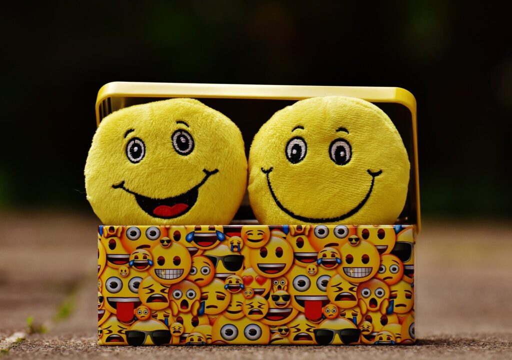 Dos emoticonos amarillos en un estuche amarillo
